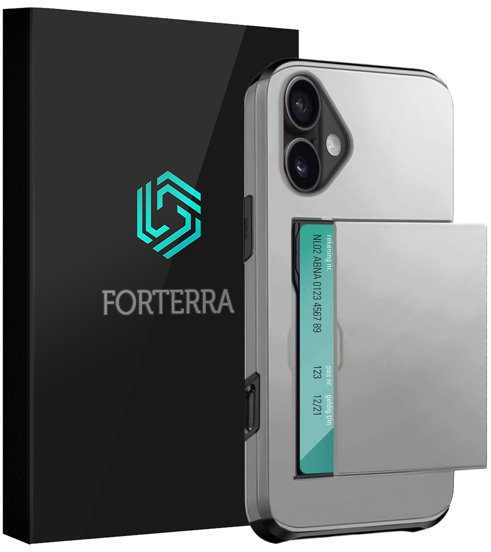 Forterra Hoesje Geschikt voor iPhone 16 Pashouder Hard Case Hoes - Hoes Geschikt voor iPhone 16 Hoesje Back Cover Met Pasjeshouder - Grijs