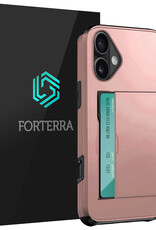 Forterra Hoesje Geschikt voor iPhone 16 Pashouder Hard Case Hoes - Hoes Geschikt voor iPhone 16 Hoesje Back Cover Met Pasjeshouder - Rosé goud