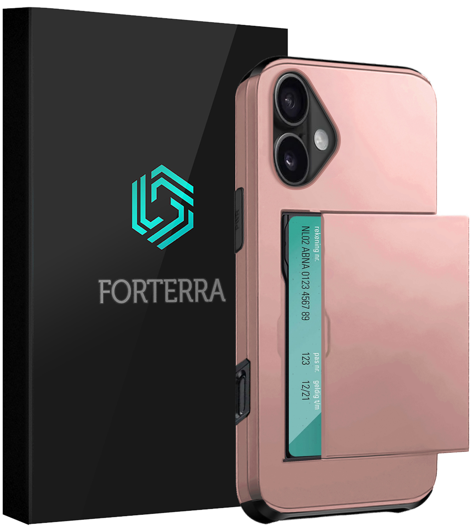 Forterra Hoesje Geschikt voor iPhone 16 Pashouder Hard Case Hoes - Hoes Geschikt voor iPhone 16 Hoesje Back Cover Met Pasjeshouder - Rosé goud