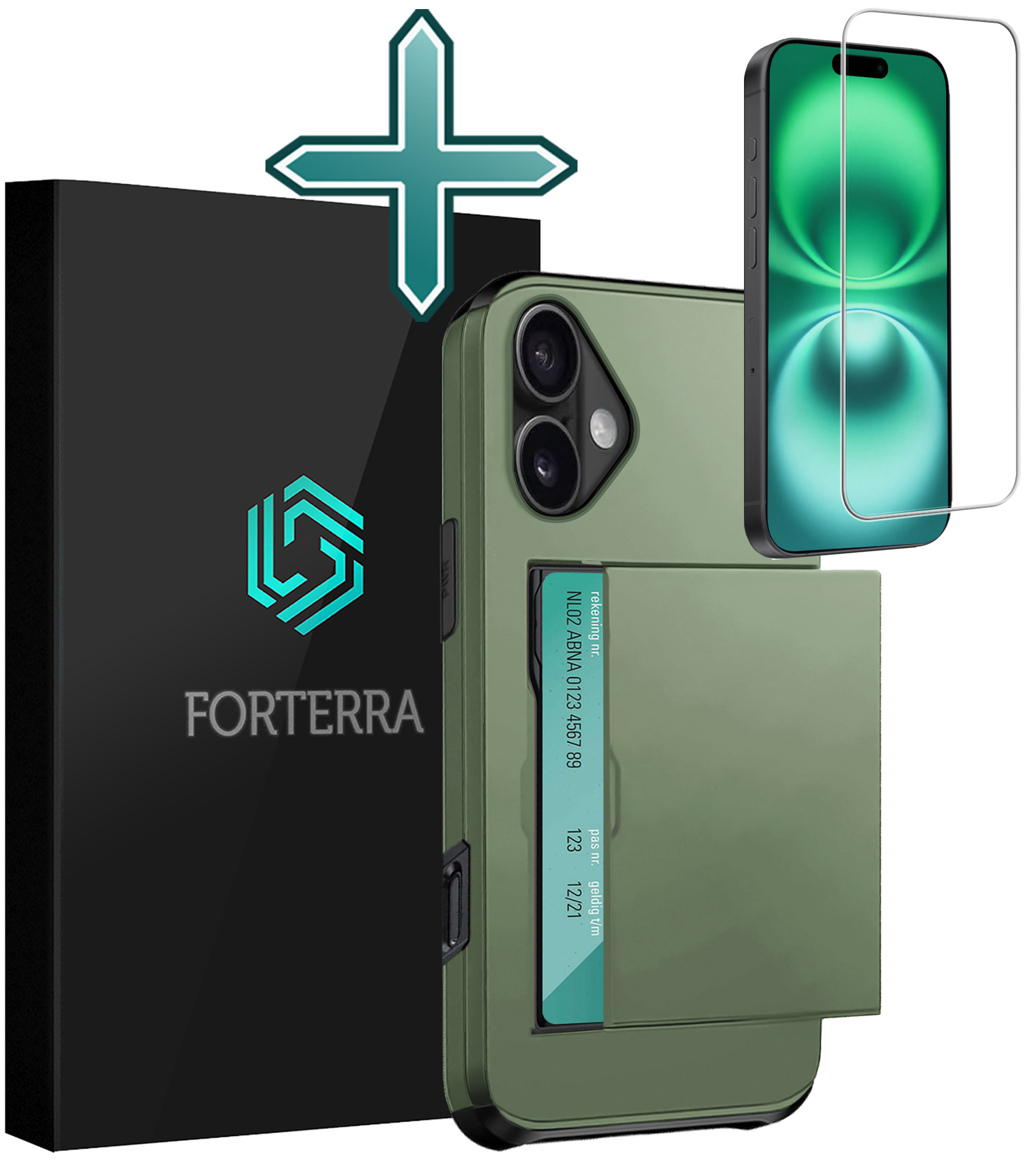 Forterra Hoesje Geschikt voor iPhone 16 Pashouder Hard Case Hoes Met Screenprotector - Hoes Geschikt voor iPhone 16 Hoesje Back Cover Met Pasjeshouder - Donkergroen