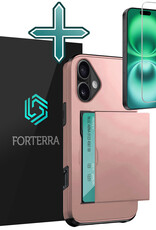 Forterra Hoesje Geschikt voor iPhone 16 Pashouder Hard Case Hoes Met Screenprotector - Hoes Geschikt voor iPhone 16 Hoesje Back Cover Met Pasjeshouder - Rosé goud
