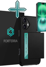 Forterra Hoesje Geschikt voor iPhone 16 Pashouder Hard Case Hoes Met Screenprotector - Hoes Geschikt voor iPhone 16 Hoesje Back Cover Met Pasjeshouder - Zwart