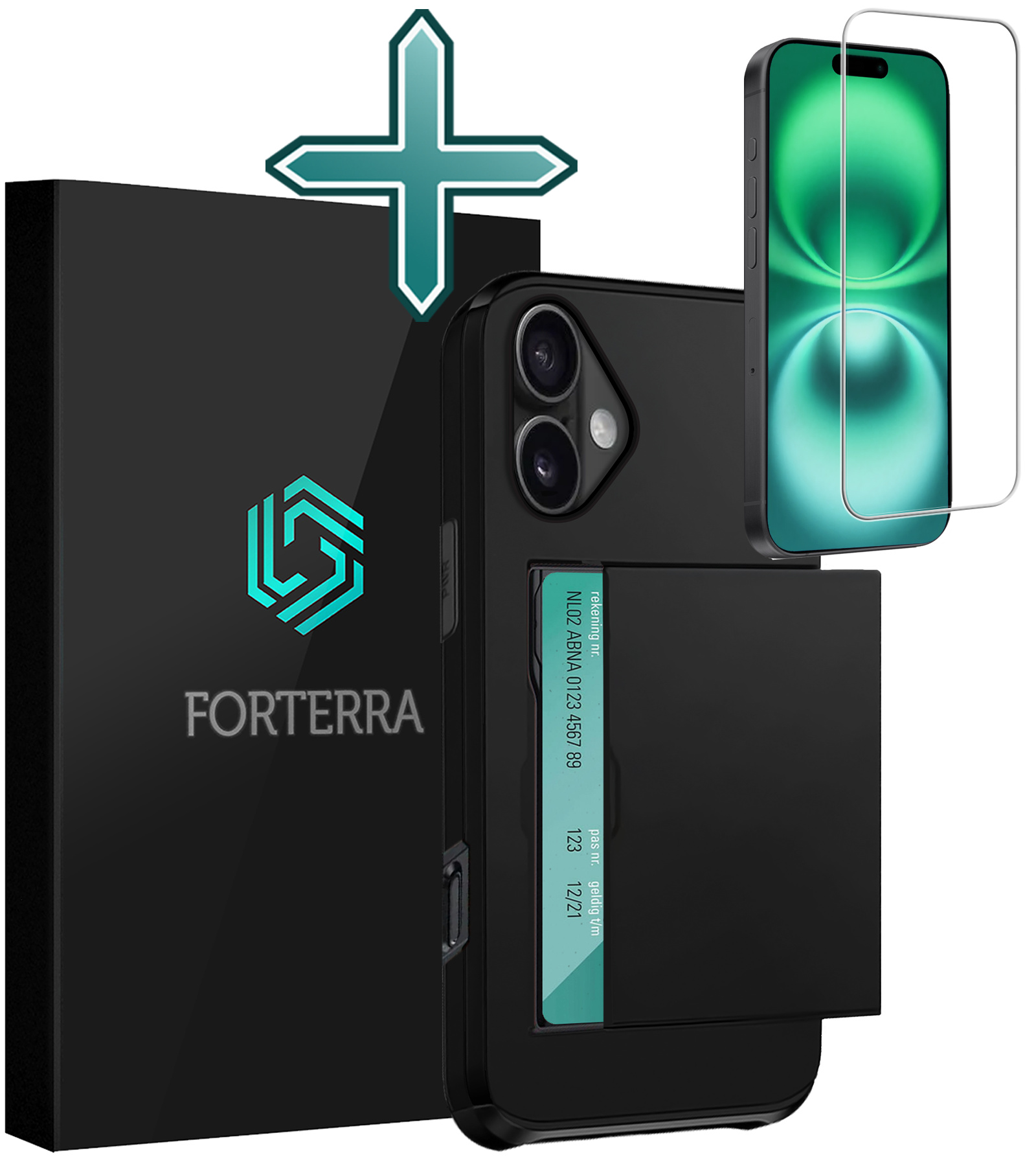 Forterra Hoesje Geschikt voor iPhone 16 Pashouder Hard Case Hoes Met Screenprotector - Hoes Geschikt voor iPhone 16 Hoesje Back Cover Met Pasjeshouder - Zwart