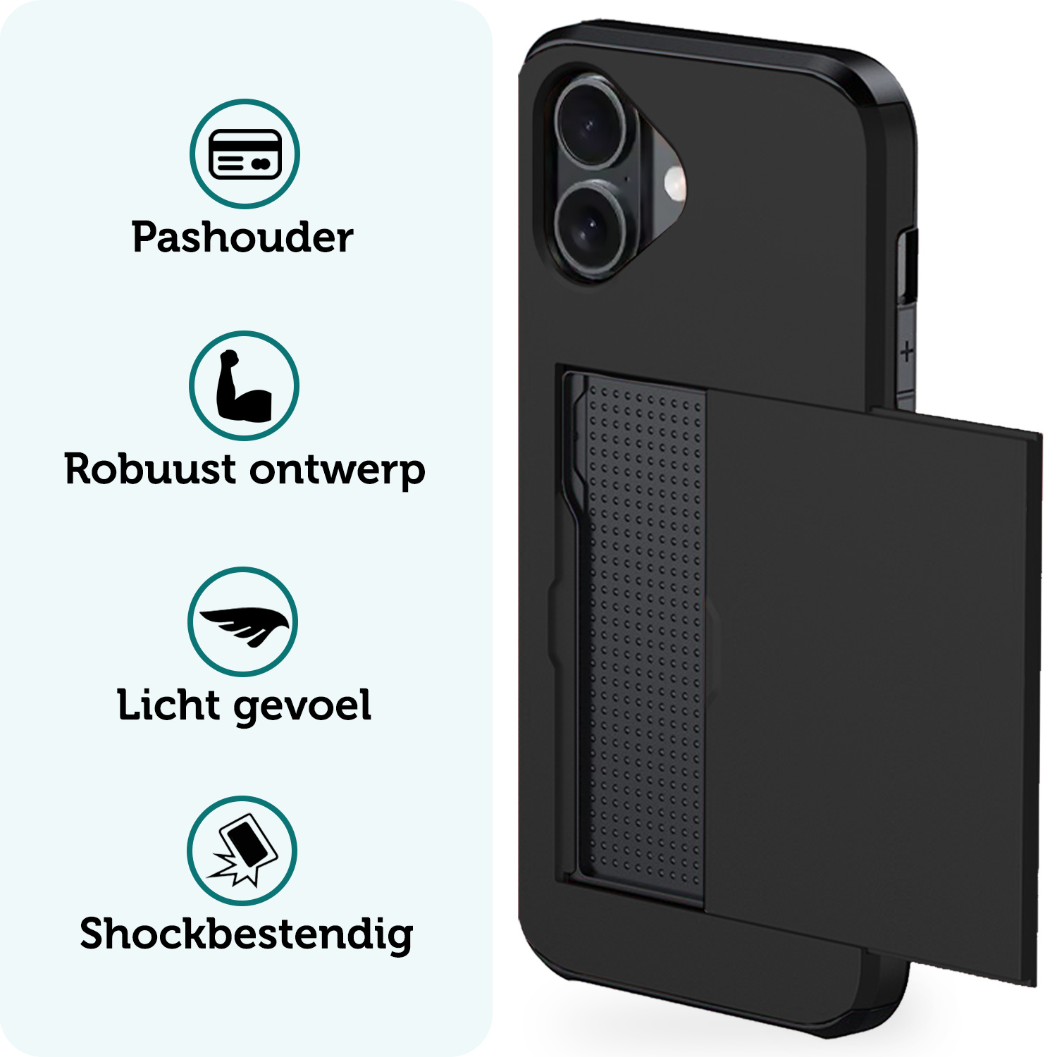 Forterra Hoesje Geschikt voor iPhone 16 Pashouder Hard Case Hoes Met Screenprotector - Hoes Geschikt voor iPhone 16 Hoesje Back Cover Met Pasjeshouder - Zwart