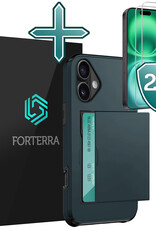 Forterra Hoesje Geschikt voor iPhone 16 Pashouder Hard Case Hoes Met 2x Screenprotector - Hoes Geschikt voor iPhone 16 Hoesje Back Cover Met Pasjeshouder - Donkerblauw