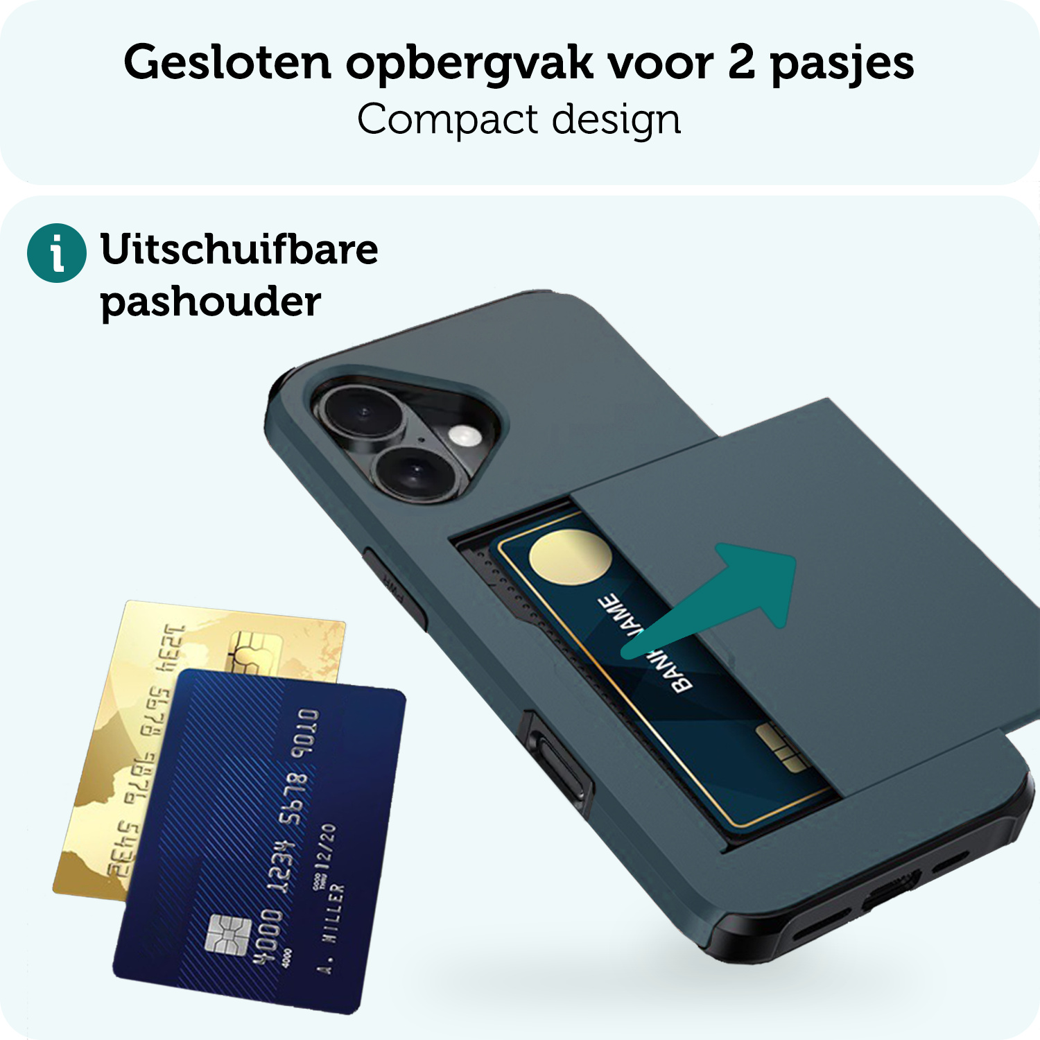 Forterra Hoesje Geschikt voor iPhone 16 Pashouder Hard Case Hoes Met 2x Screenprotector - Hoes Geschikt voor iPhone 16 Hoesje Back Cover Met Pasjeshouder - Donkerblauw