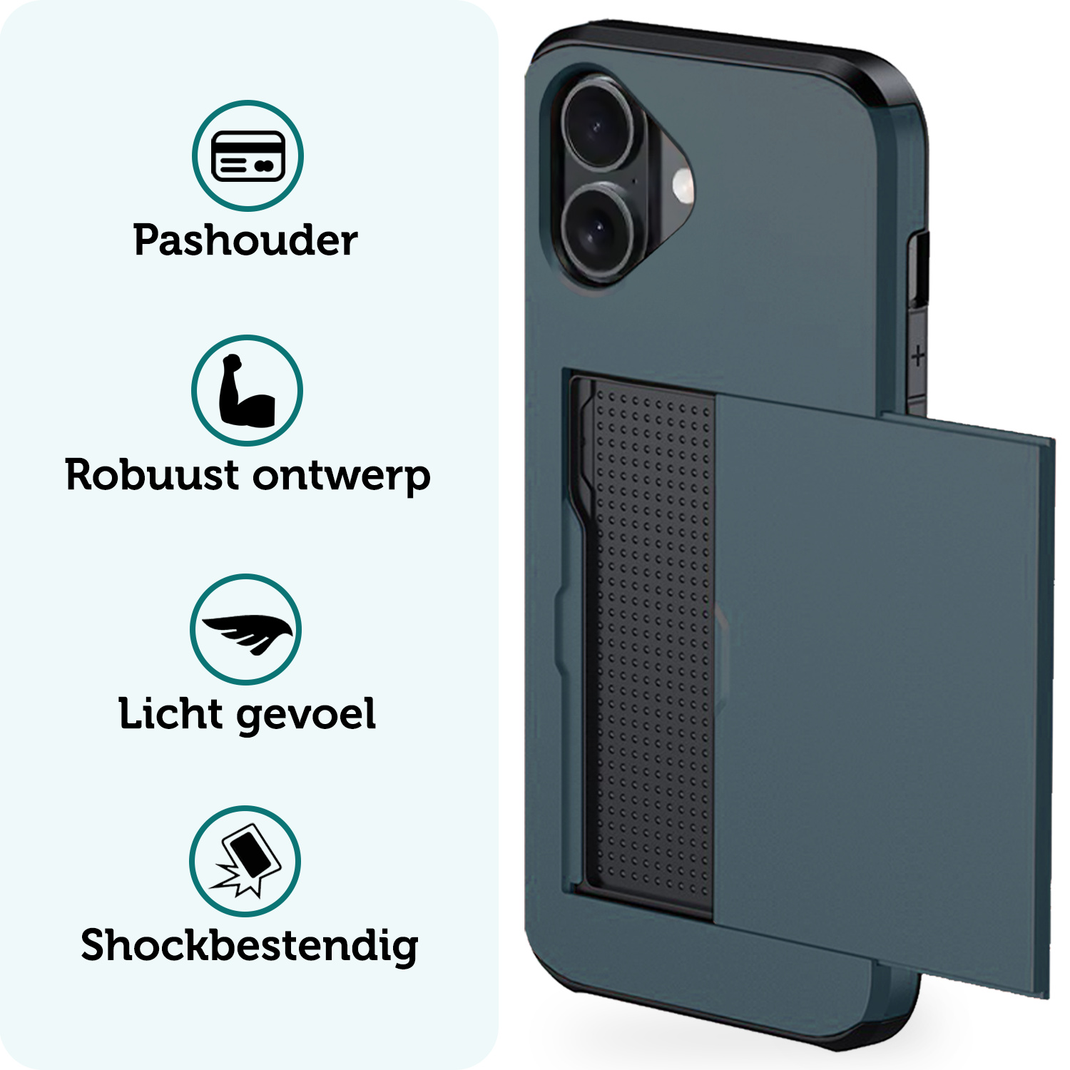 Forterra Hoesje Geschikt voor iPhone 16 Pashouder Hard Case Hoes Met 2x Screenprotector - Hoes Geschikt voor iPhone 16 Hoesje Back Cover Met Pasjeshouder - Donkerblauw