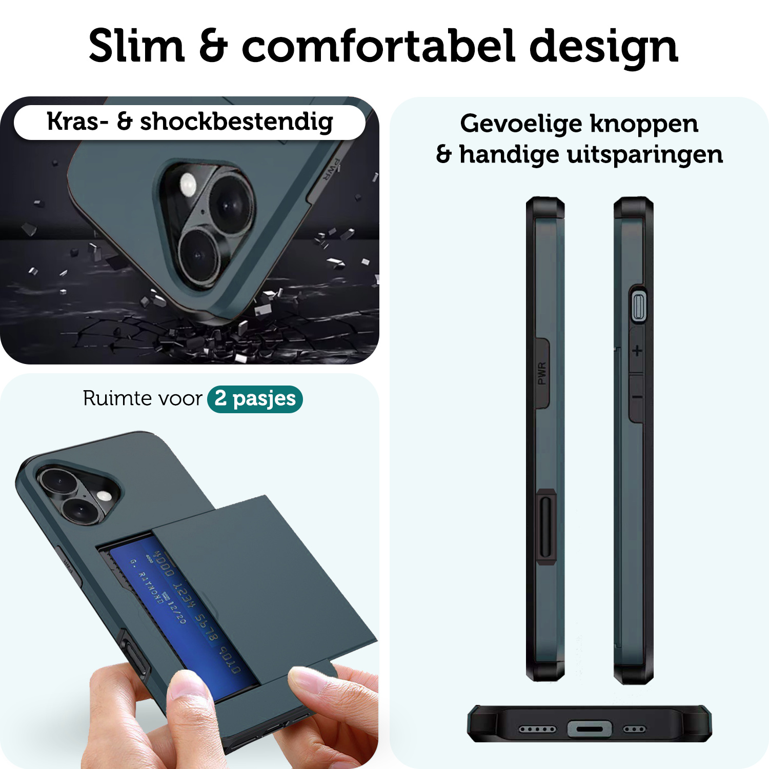 Forterra Hoesje Geschikt voor iPhone 16 Pashouder Hard Case Hoes Met 2x Screenprotector - Hoes Geschikt voor iPhone 16 Hoesje Back Cover Met Pasjeshouder - Donkerblauw