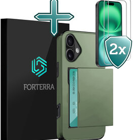 Forterra Forterra iPhone 16 Hoesje Pashouder Hard Met 2x Screenprotector - Donker Groen