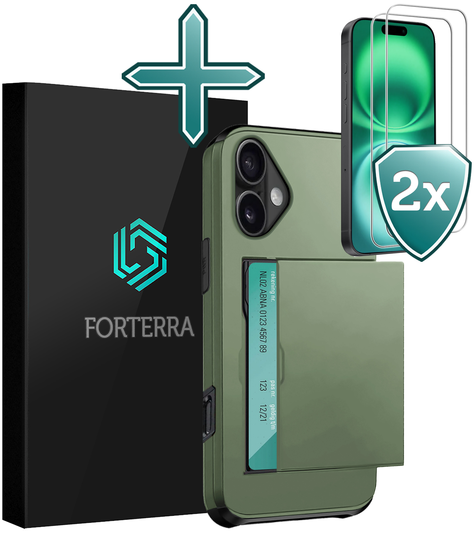 Forterra Hoesje Geschikt voor iPhone 16 Pashouder Hard Case Hoes Met 2x Screenprotector - Hoes Geschikt voor iPhone 16 Hoesje Back Cover Met Pasjeshouder - Donkergroen