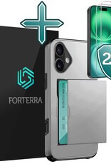 Forterra Hoesje Geschikt voor iPhone 16 Pashouder Hard Case Hoes Met 2x Screenprotector - Hoes Geschikt voor iPhone 16 Hoesje Back Cover Met Pasjeshouder - Grijs