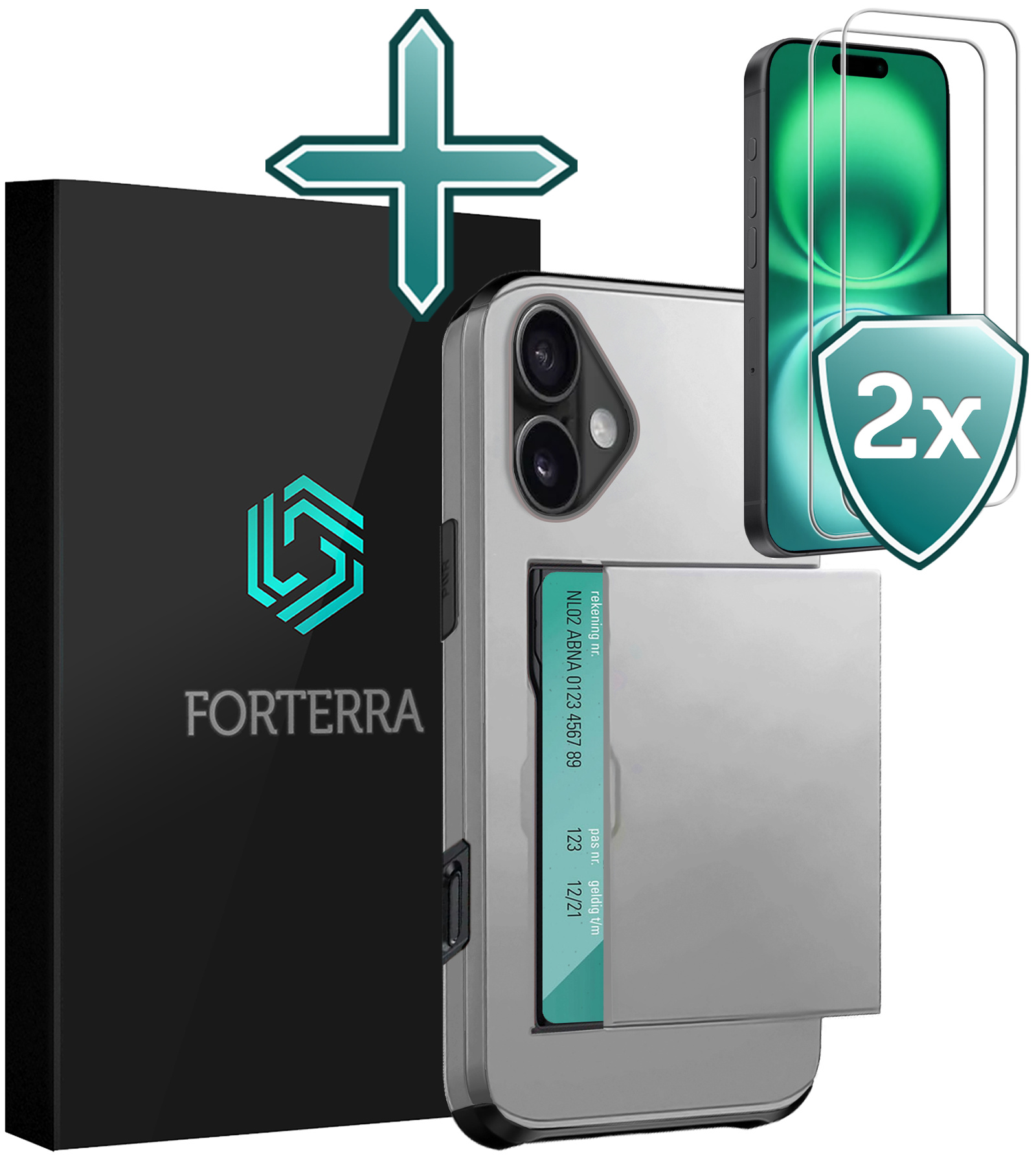 Forterra Hoesje Geschikt voor iPhone 16 Pashouder Hard Case Hoes Met 2x Screenprotector - Hoes Geschikt voor iPhone 16 Hoesje Back Cover Met Pasjeshouder - Grijs