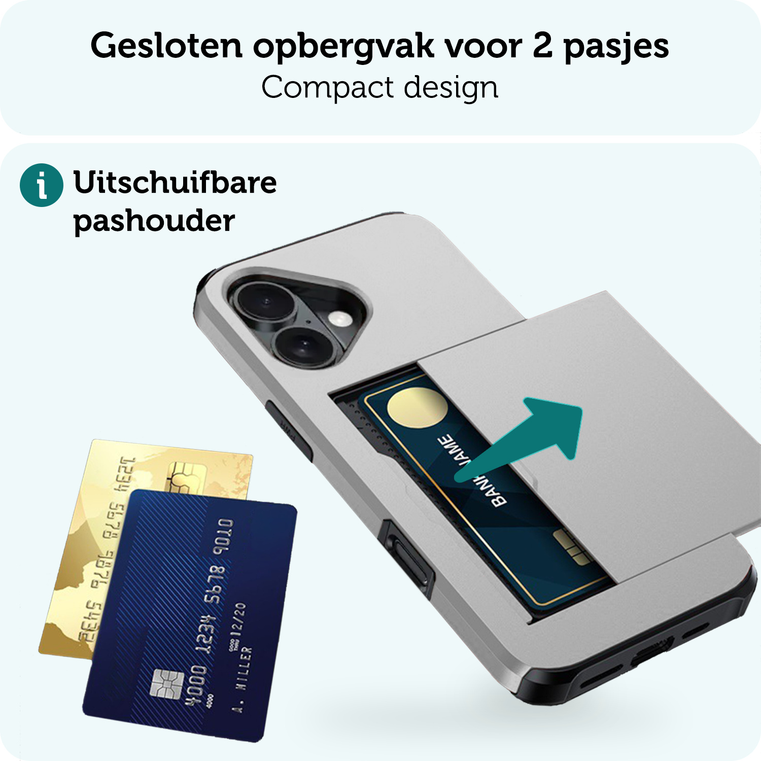 Forterra Hoesje Geschikt voor iPhone 16 Pashouder Hard Case Hoes Met 2x Screenprotector - Hoes Geschikt voor iPhone 16 Hoesje Back Cover Met Pasjeshouder - Grijs