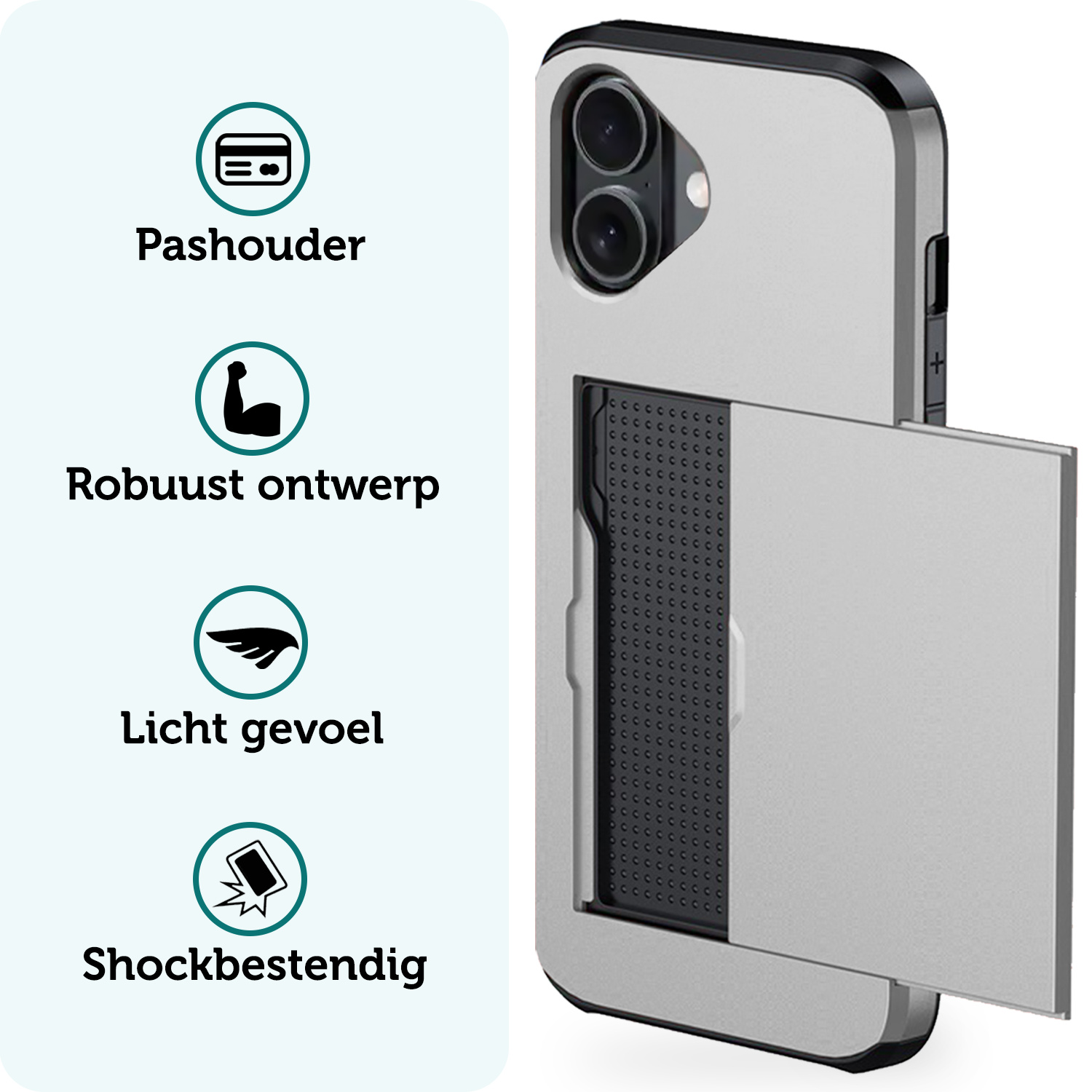 Forterra Hoesje Geschikt voor iPhone 16 Pashouder Hard Case Hoes Met 2x Screenprotector - Hoes Geschikt voor iPhone 16 Hoesje Back Cover Met Pasjeshouder - Grijs