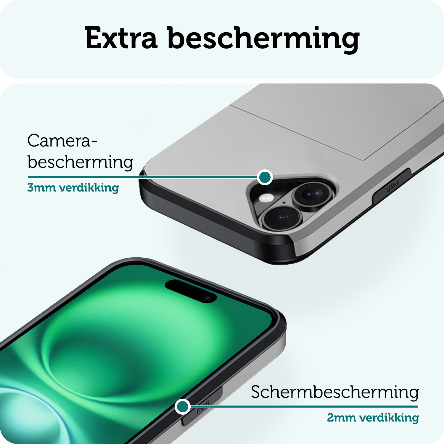 Forterra Hoesje Geschikt voor iPhone 16 Pashouder Hard Case Hoes Met 2x Screenprotector - Hoes Geschikt voor iPhone 16 Hoesje Back Cover Met Pasjeshouder - Grijs
