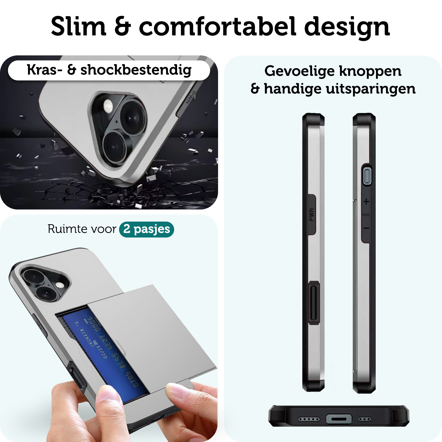 Forterra Hoesje Geschikt voor iPhone 16 Pashouder Hard Case Hoes Met 2x Screenprotector - Hoes Geschikt voor iPhone 16 Hoesje Back Cover Met Pasjeshouder - Grijs