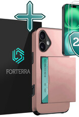 Forterra Hoesje Geschikt voor iPhone 16 Pashouder Hard Case Hoes Met 2x Screenprotector - Hoes Geschikt voor iPhone 16 Hoesje Back Cover Met Pasjeshouder - Rosé goud