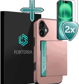 Forterra Forterra iPhone 16 Hoesje Pashouder Hard Met 2x Screenprotector - Rosé Goud