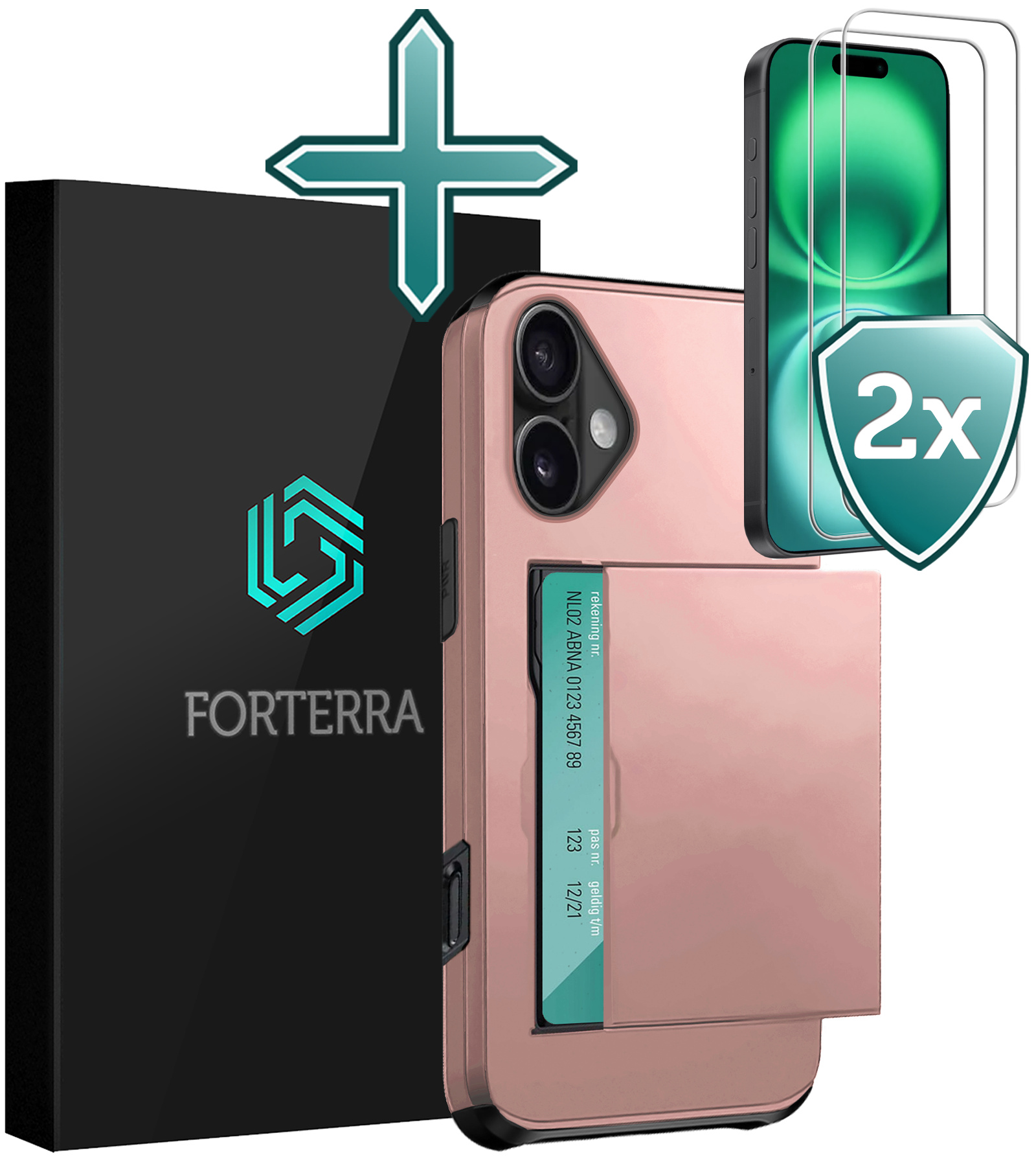 Forterra Hoesje Geschikt voor iPhone 16 Pashouder Hard Case Hoes Met 2x Screenprotector - Hoes Geschikt voor iPhone 16 Hoesje Back Cover Met Pasjeshouder - Rosé goud