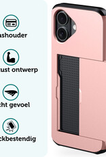 Forterra Hoesje Geschikt voor iPhone 16 Pashouder Hard Case Hoes Met 2x Screenprotector - Hoes Geschikt voor iPhone 16 Hoesje Back Cover Met Pasjeshouder - Rosé goud