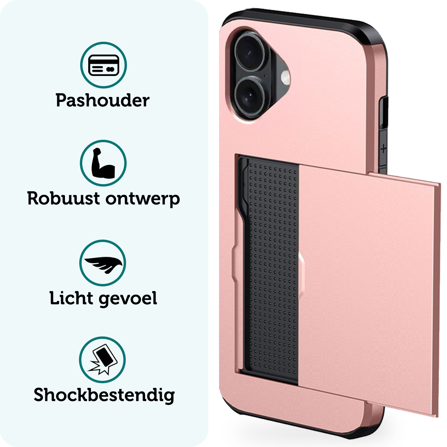 Forterra Hoesje Geschikt voor iPhone 16 Pashouder Hard Case Hoes Met 2x Screenprotector - Hoes Geschikt voor iPhone 16 Hoesje Back Cover Met Pasjeshouder - Rosé goud