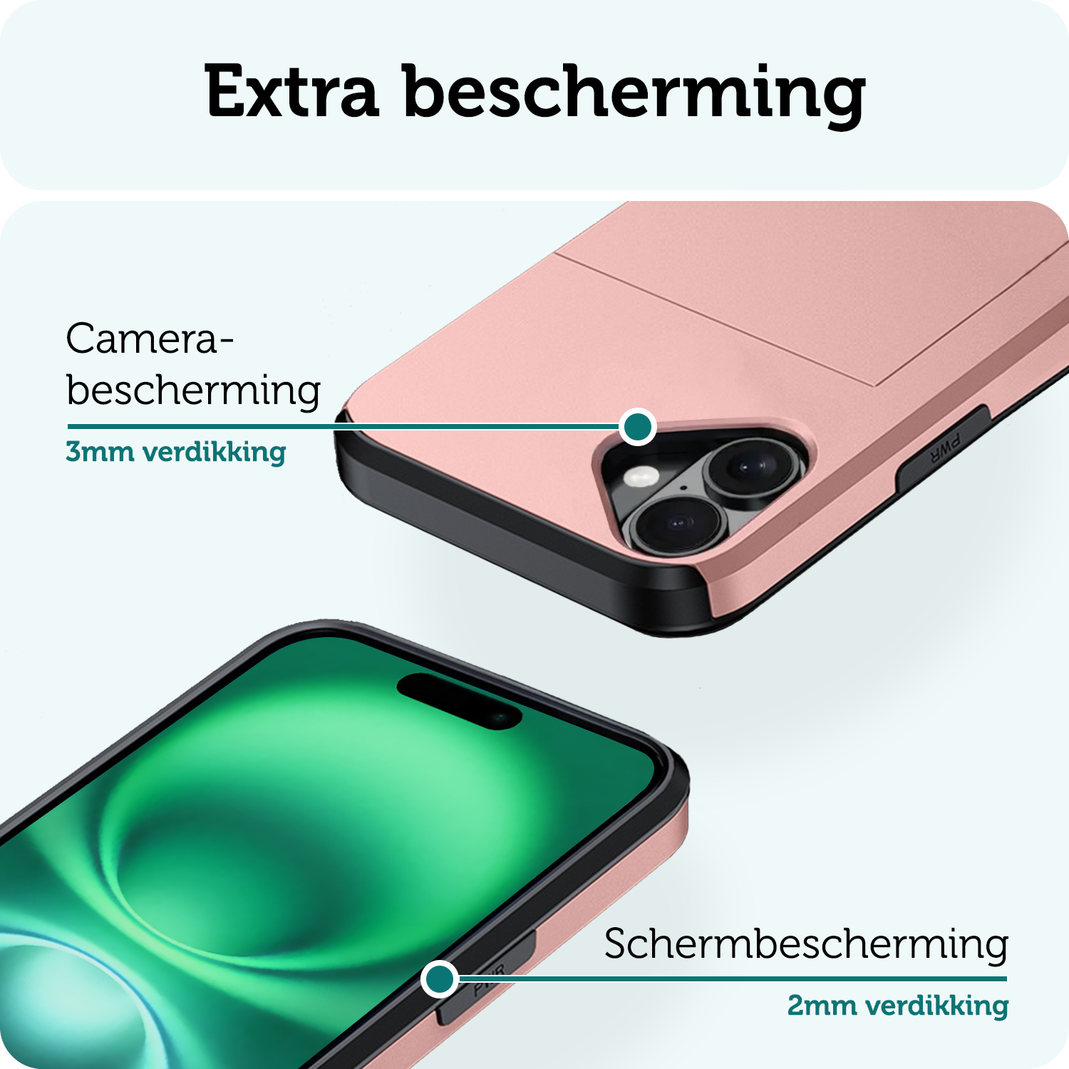 Forterra Hoesje Geschikt voor iPhone 16 Pashouder Hard Case Hoes Met 2x Screenprotector - Hoes Geschikt voor iPhone 16 Hoesje Back Cover Met Pasjeshouder - Rosé goud