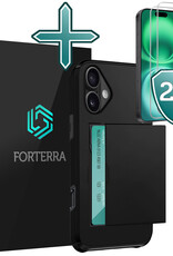 Forterra Hoesje Geschikt voor iPhone 16 Pashouder Hard Case Hoes Met 2x Screenprotector - Hoes Geschikt voor iPhone 16 Hoesje Back Cover Met Pasjeshouder - Zwart