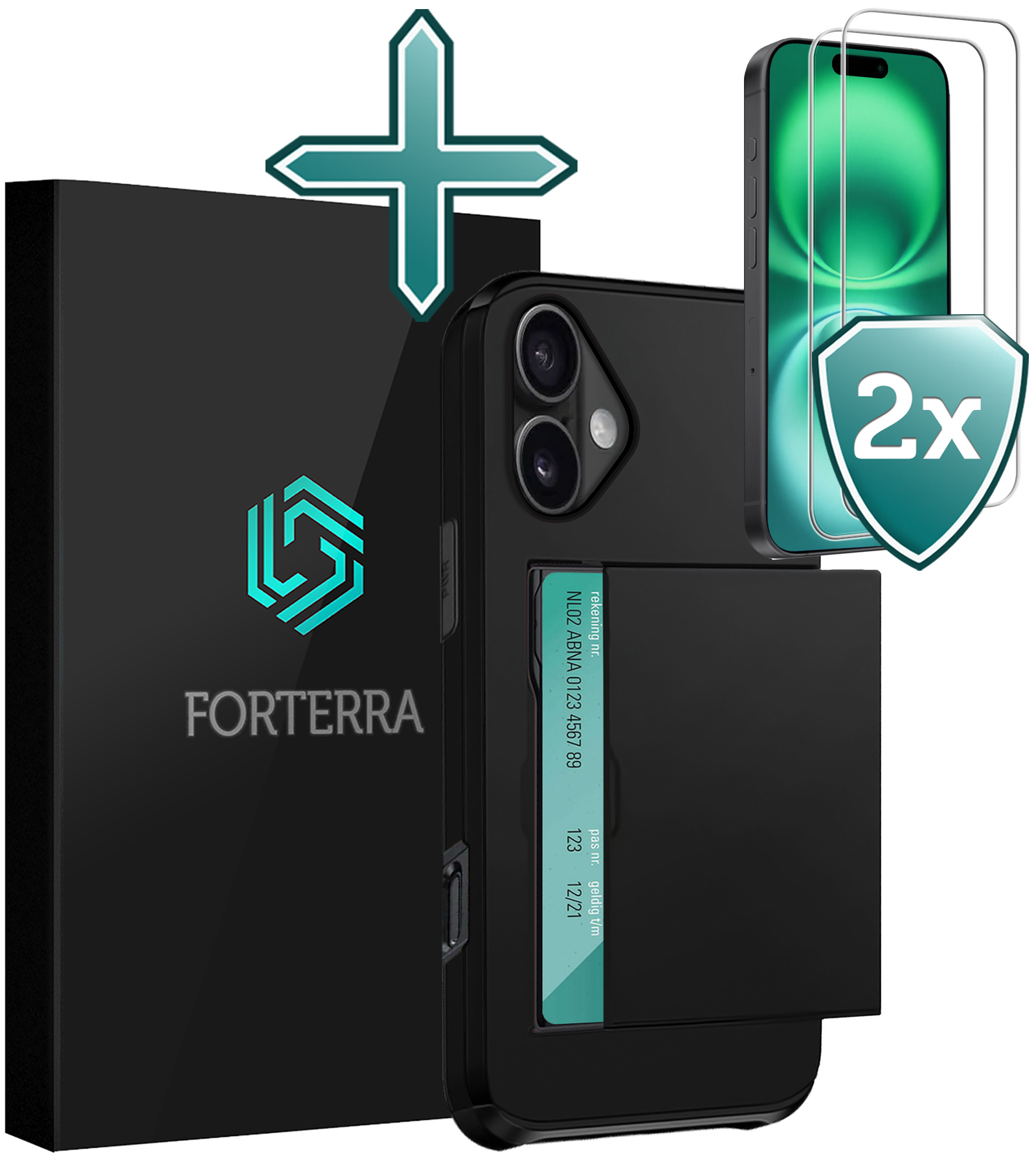 Forterra Hoesje Geschikt voor iPhone 16 Pashouder Hard Case Hoes Met 2x Screenprotector - Hoes Geschikt voor iPhone 16 Hoesje Back Cover Met Pasjeshouder - Zwart