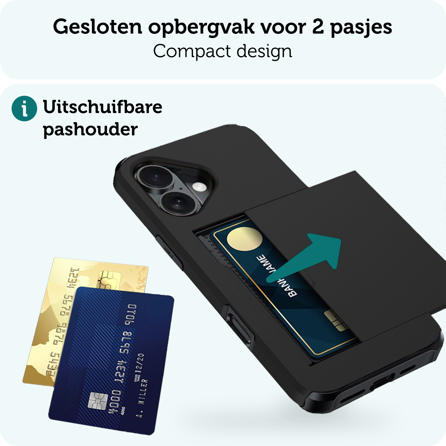 Forterra Hoesje Geschikt voor iPhone 16 Pashouder Hard Case Hoes Met 2x Screenprotector - Hoes Geschikt voor iPhone 16 Hoesje Back Cover Met Pasjeshouder - Zwart