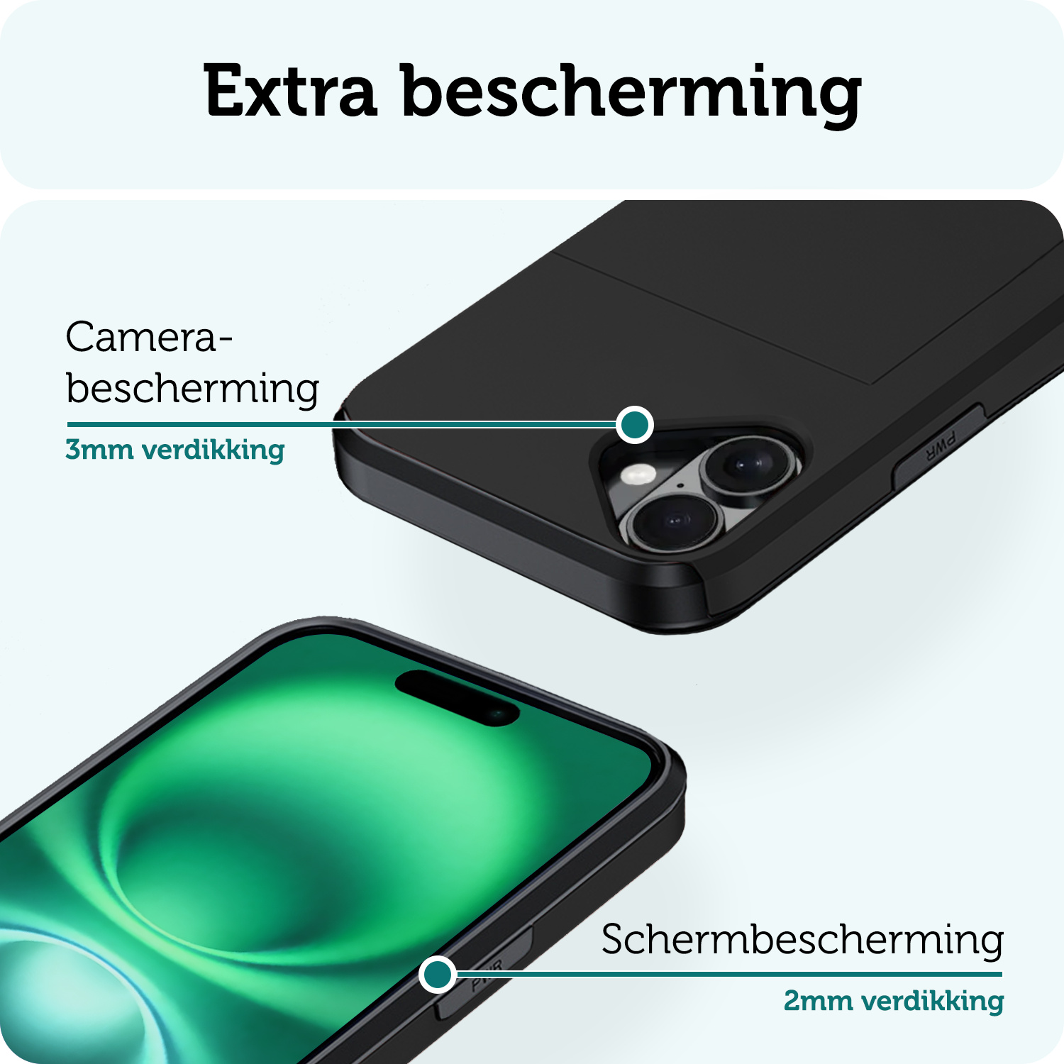 Forterra Hoesje Geschikt voor iPhone 16 Pashouder Hard Case Hoes Met 2x Screenprotector - Hoes Geschikt voor iPhone 16 Hoesje Back Cover Met Pasjeshouder - Zwart