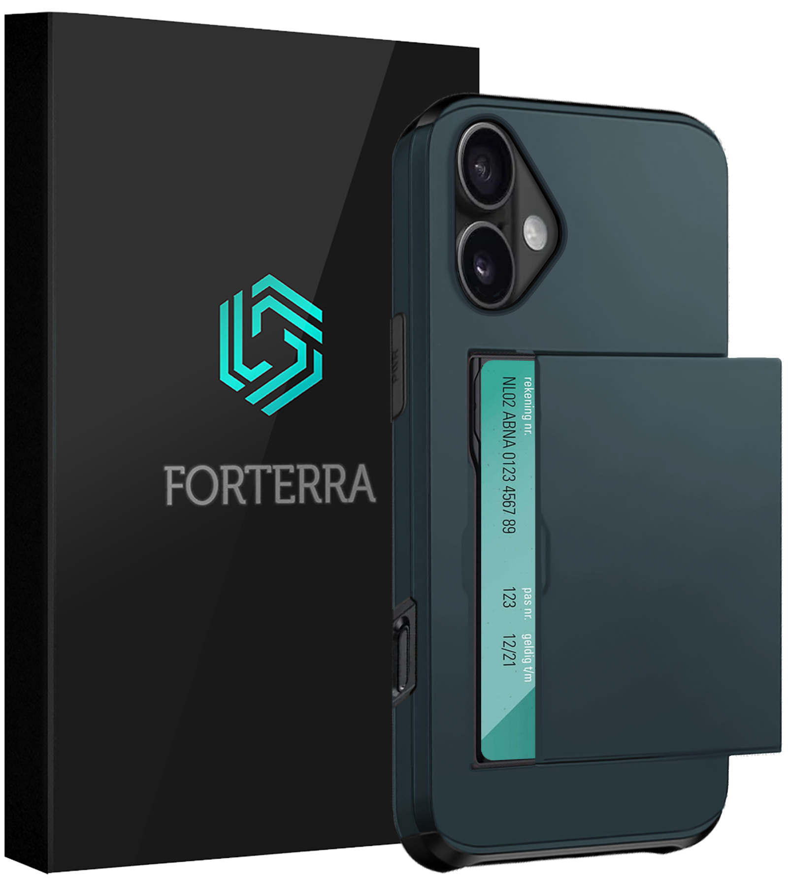 Forterra Hoesje Geschikt voor iPhone 16 Plus Pashouder Hard Case Hoes - Hoes Geschikt voor iPhone 16 Plus Hoesje Back Cover Met Pasjeshouder - Donkerblauw
