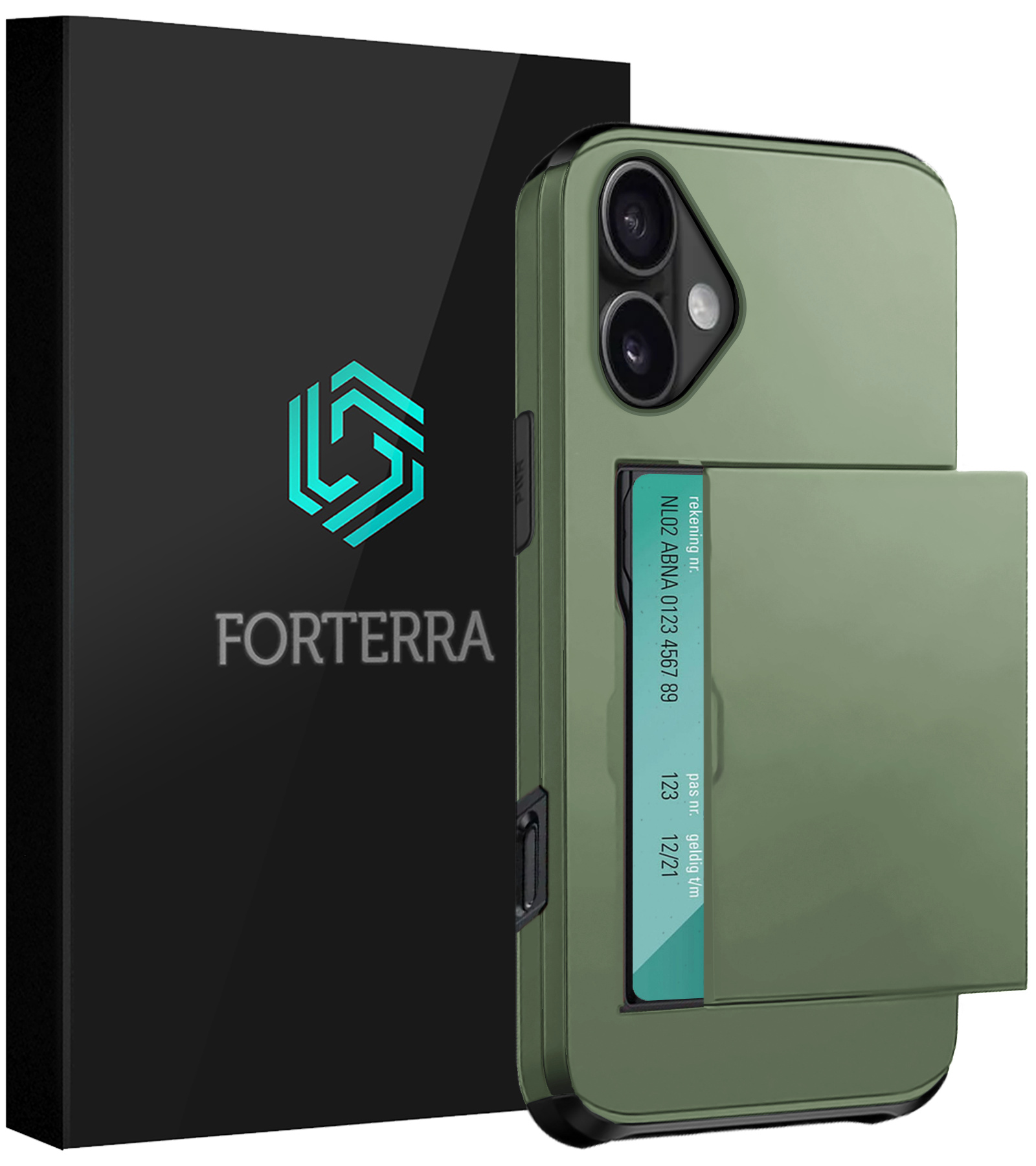 Forterra Hoesje Geschikt voor iPhone 16 Plus Pashouder Hard Case Hoes - Hoes Geschikt voor iPhone 16 Plus Hoesje Back Cover Met Pasjeshouder - Donkergroen