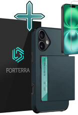 Forterra Hoesje Geschikt voor iPhone 16 Plus Pashouder Hard Case Hoes Met Screenprotector - Hoes Geschikt voor iPhone 16 Plus Hoesje Back Cover Met Pasjeshouder - Donkerblauw