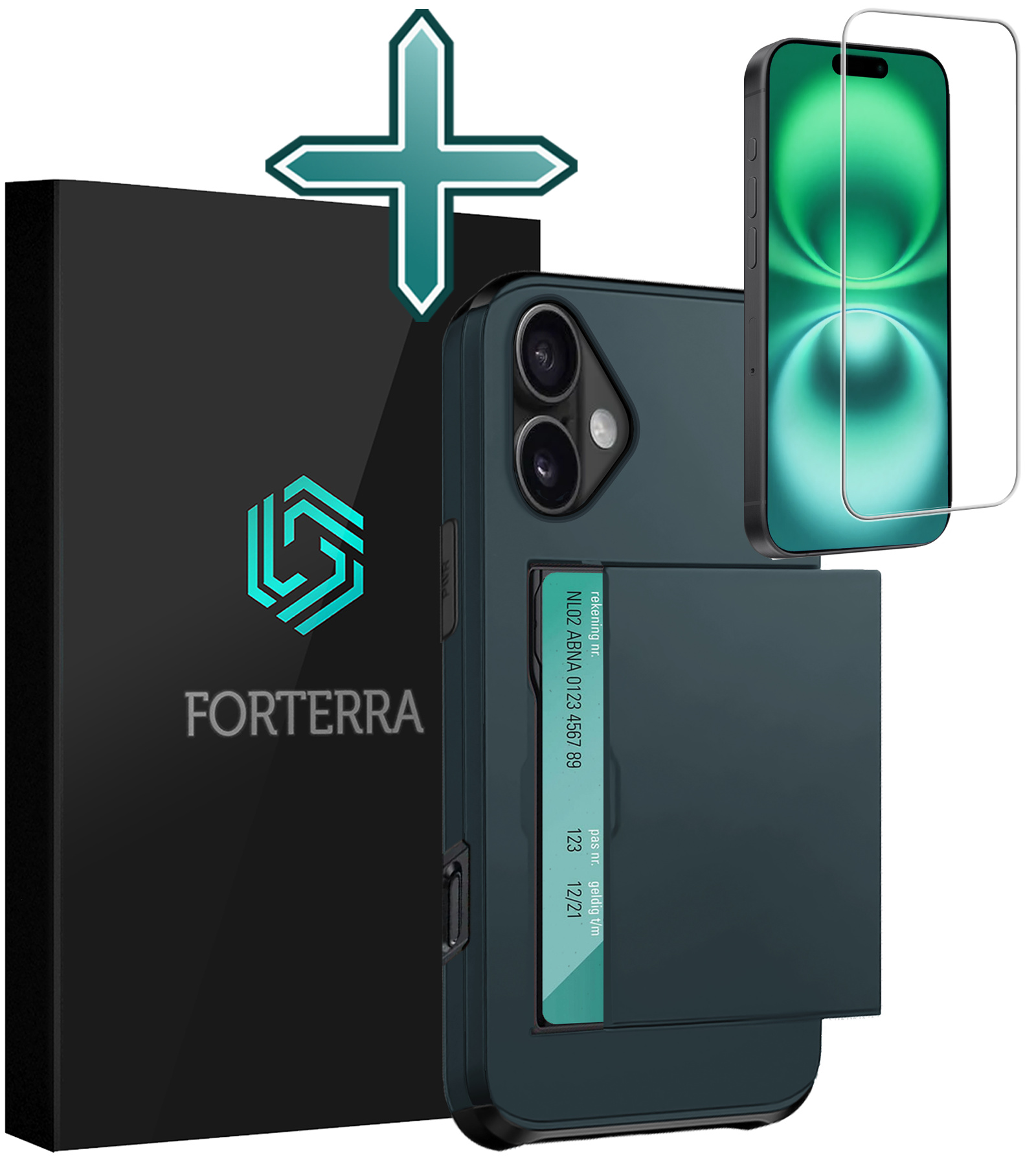 Forterra Hoesje Geschikt voor iPhone 16 Plus Pashouder Hard Case Hoes Met Screenprotector - Hoes Geschikt voor iPhone 16 Plus Hoesje Back Cover Met Pasjeshouder - Donkerblauw