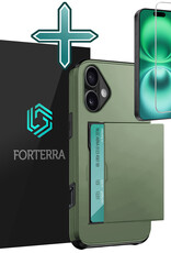 Forterra Hoesje Geschikt voor iPhone 16 Plus Pashouder Hard Case Hoes Met Screenprotector - Hoes Geschikt voor iPhone 16 Plus Hoesje Back Cover Met Pasjeshouder - Donkergroen