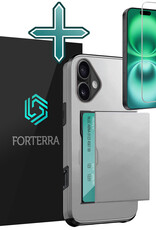 Forterra Hoesje Geschikt voor iPhone 16 Plus Pashouder Hard Case Hoes Met Screenprotector - Hoes Geschikt voor iPhone 16 Plus Hoesje Back Cover Met Pasjeshouder - Grijs