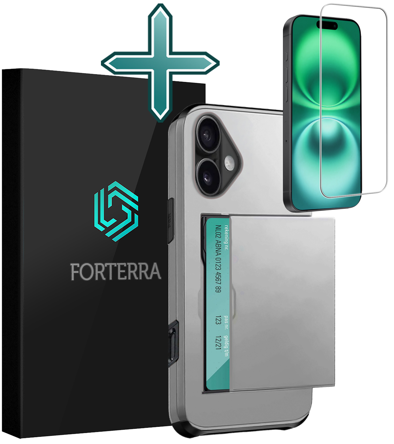 Forterra Hoesje Geschikt voor iPhone 16 Plus Pashouder Hard Case Hoes Met Screenprotector - Hoes Geschikt voor iPhone 16 Plus Hoesje Back Cover Met Pasjeshouder - Grijs