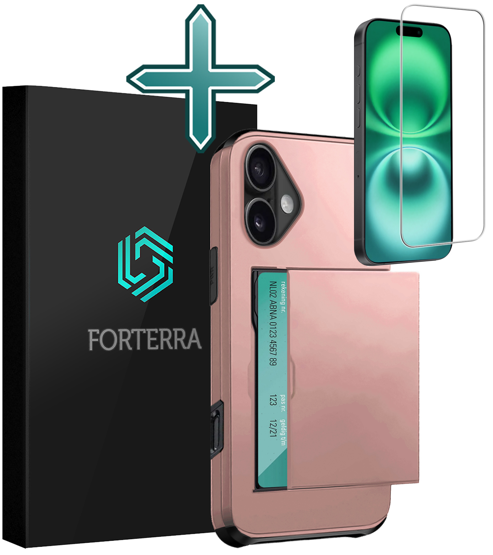 Forterra Hoesje Geschikt voor iPhone 16 Plus Pashouder Hard Case Hoes Met Screenprotector - Hoes Geschikt voor iPhone 16 Plus Hoesje Back Cover Met Pasjeshouder - Rosé goud