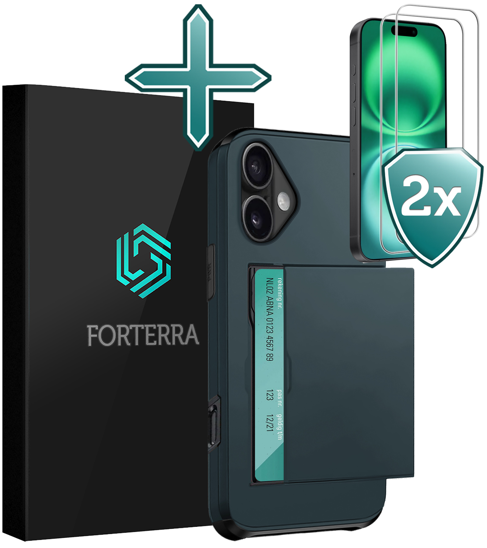 Forterra Hoesje Geschikt voor iPhone 16 Plus Pashouder Hard Case Hoes Met 2x Screenprotector - Hoes Geschikt voor iPhone 16 Plus Hoesje Back Cover Met Pasjeshouder - Donkerblauw