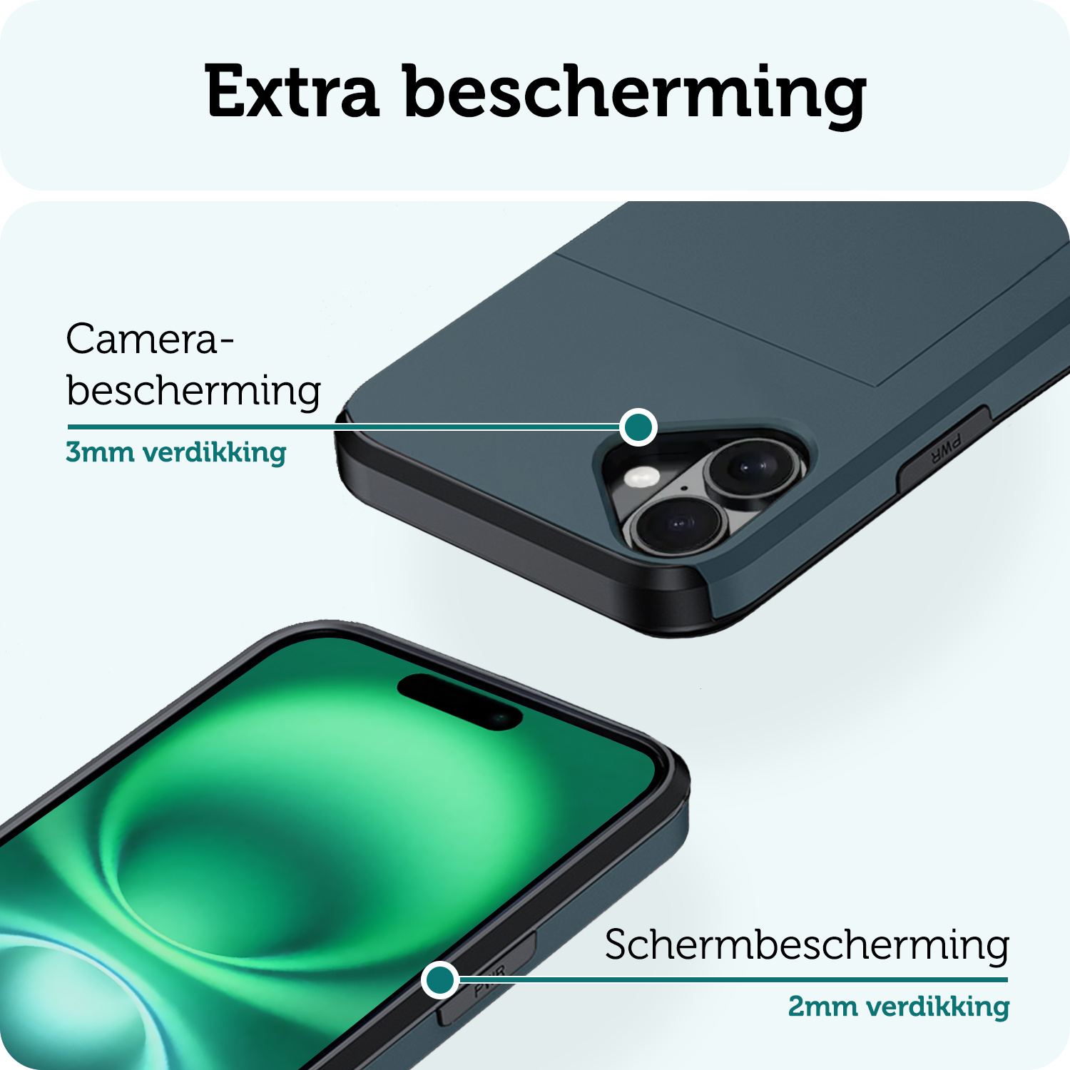 Forterra Hoesje Geschikt voor iPhone 16 Plus Pashouder Hard Case Hoes Met 2x Screenprotector - Hoes Geschikt voor iPhone 16 Plus Hoesje Back Cover Met Pasjeshouder - Donkerblauw