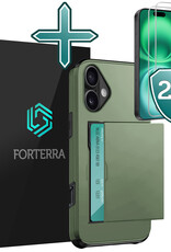 Forterra Hoesje Geschikt voor iPhone 16 Plus Pashouder Hard Case Hoes Met 2x Screenprotector - Hoes Geschikt voor iPhone 16 Plus Hoesje Back Cover Met Pasjeshouder - Donkergroen