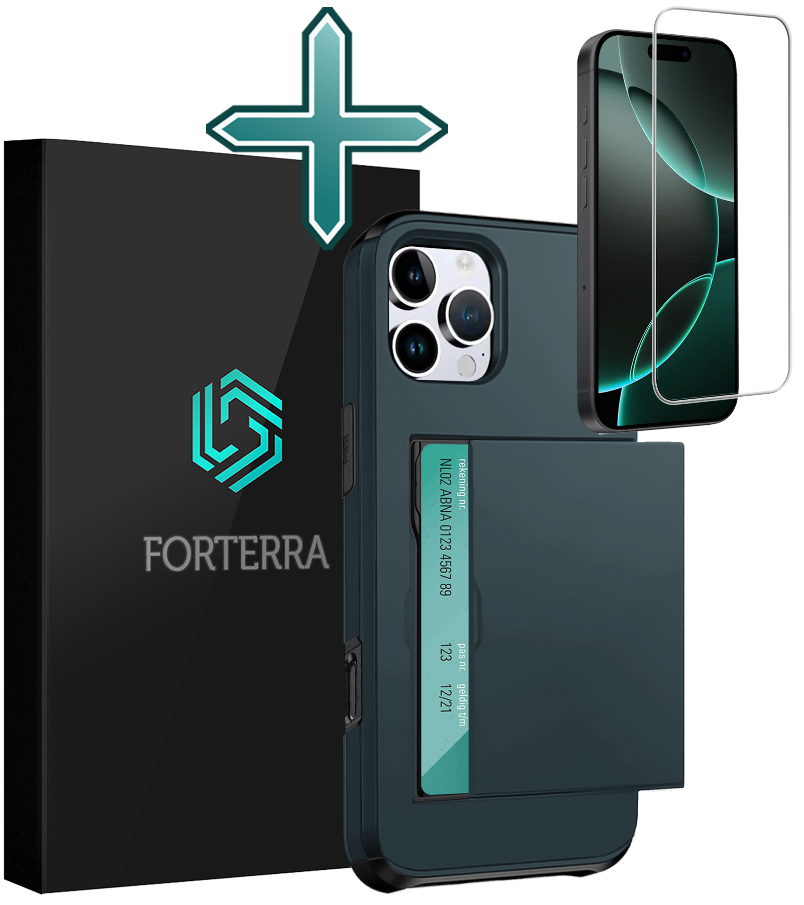 Forterra Hoesje Geschikt voor iPhone 16 Pro Pashouder Hard Case Hoes Met Screenprotector - Hoes Geschikt voor iPhone 16 Pro Hoesje Back Cover Met Pasjeshouder - Donkerblauw