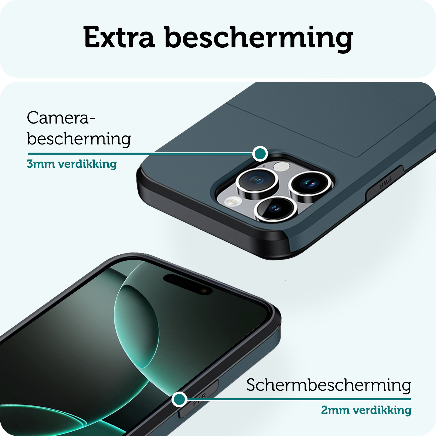 Forterra Hoesje Geschikt voor iPhone 16 Pro Pashouder Hard Case Hoes Met Screenprotector - Hoes Geschikt voor iPhone 16 Pro Hoesje Back Cover Met Pasjeshouder - Donkerblauw