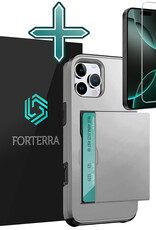 Forterra Hoesje Geschikt voor iPhone 16 Pro Pashouder Hard Case Hoes Met Screenprotector - Hoes Geschikt voor iPhone 16 Pro Hoesje Back Cover Met Pasjeshouder - Grijs
