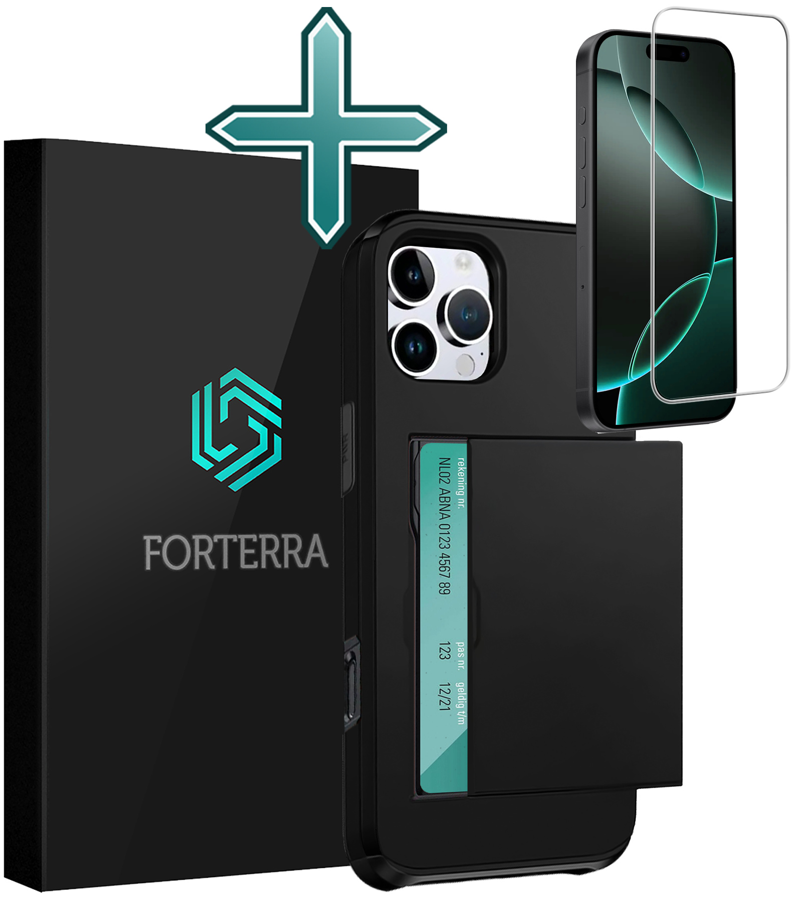 Forterra Hoesje Geschikt voor iPhone 16 Pro Pashouder Hard Case Hoes Met Screenprotector - Hoes Geschikt voor iPhone 16 Pro Hoesje Back Cover Met Pasjeshouder - Zwart