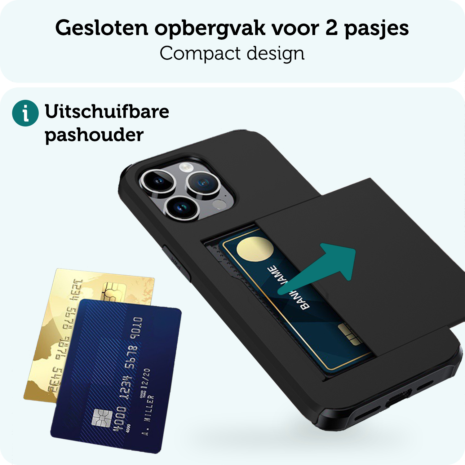 Forterra Hoesje Geschikt voor iPhone 16 Pro Pashouder Hard Case Hoes Met Screenprotector - Hoes Geschikt voor iPhone 16 Pro Hoesje Back Cover Met Pasjeshouder - Zwart