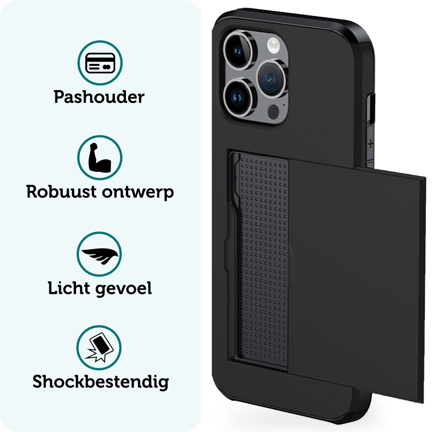 Forterra Hoesje Geschikt voor iPhone 16 Pro Pashouder Hard Case Hoes Met Screenprotector - Hoes Geschikt voor iPhone 16 Pro Hoesje Back Cover Met Pasjeshouder - Zwart