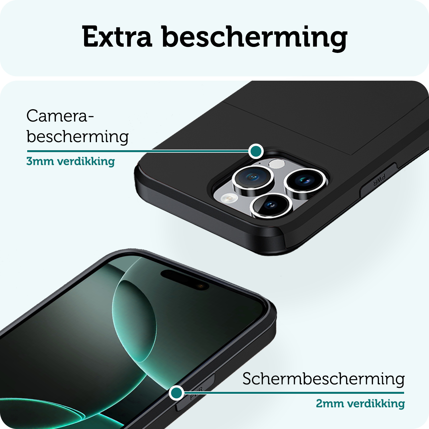 Forterra Hoesje Geschikt voor iPhone 16 Pro Pashouder Hard Case Hoes Met Screenprotector - Hoes Geschikt voor iPhone 16 Pro Hoesje Back Cover Met Pasjeshouder - Zwart