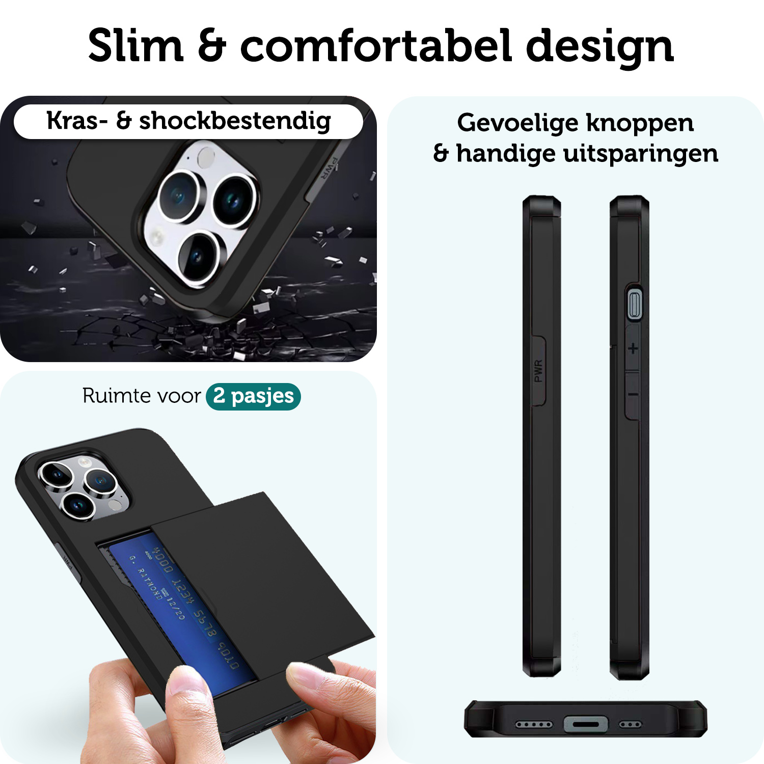 Forterra Hoesje Geschikt voor iPhone 16 Pro Pashouder Hard Case Hoes Met Screenprotector - Hoes Geschikt voor iPhone 16 Pro Hoesje Back Cover Met Pasjeshouder - Zwart