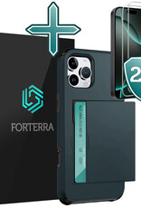 Forterra Hoesje Geschikt voor iPhone 16 Pro Pashouder Hard Case Hoes Met 2x Screenprotector - Hoes Geschikt voor iPhone 16 Pro Hoesje Back Cover Met Pasjeshouder - Donkerblauw
